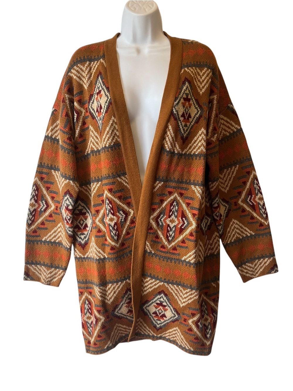 Savanna Jane Aztec cardigan sweater Large Brown Open front Long Womens Southwest